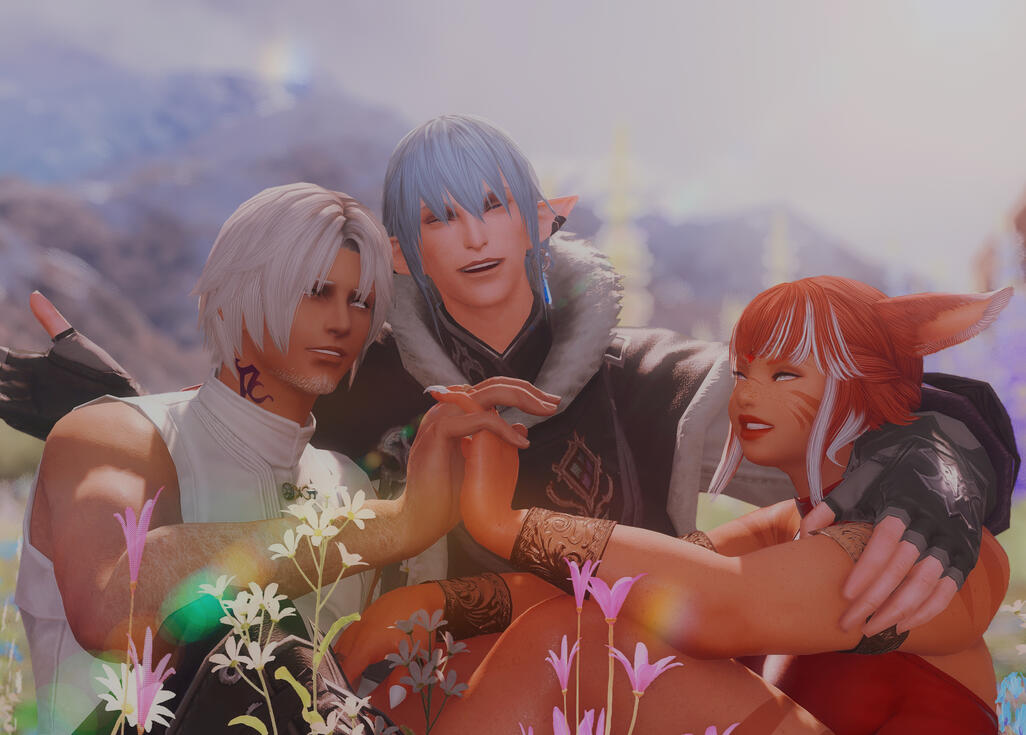 cherry, thancred, and haurchefant sit together in a field of flowers in the mountains of urqopacha. cherry sits in haurchefant's lap against his leg and faces thancred, who holds his hand up to hers and laces their fingers. haurchefant has an arm around ea