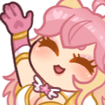 elspie's sona waves, her eyes closed and mouth open in a catlike smile.