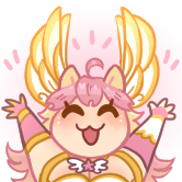 elspie's sona celebrates, throwing her arms up above her in jubilation. her white and gold ear wings follow suit.